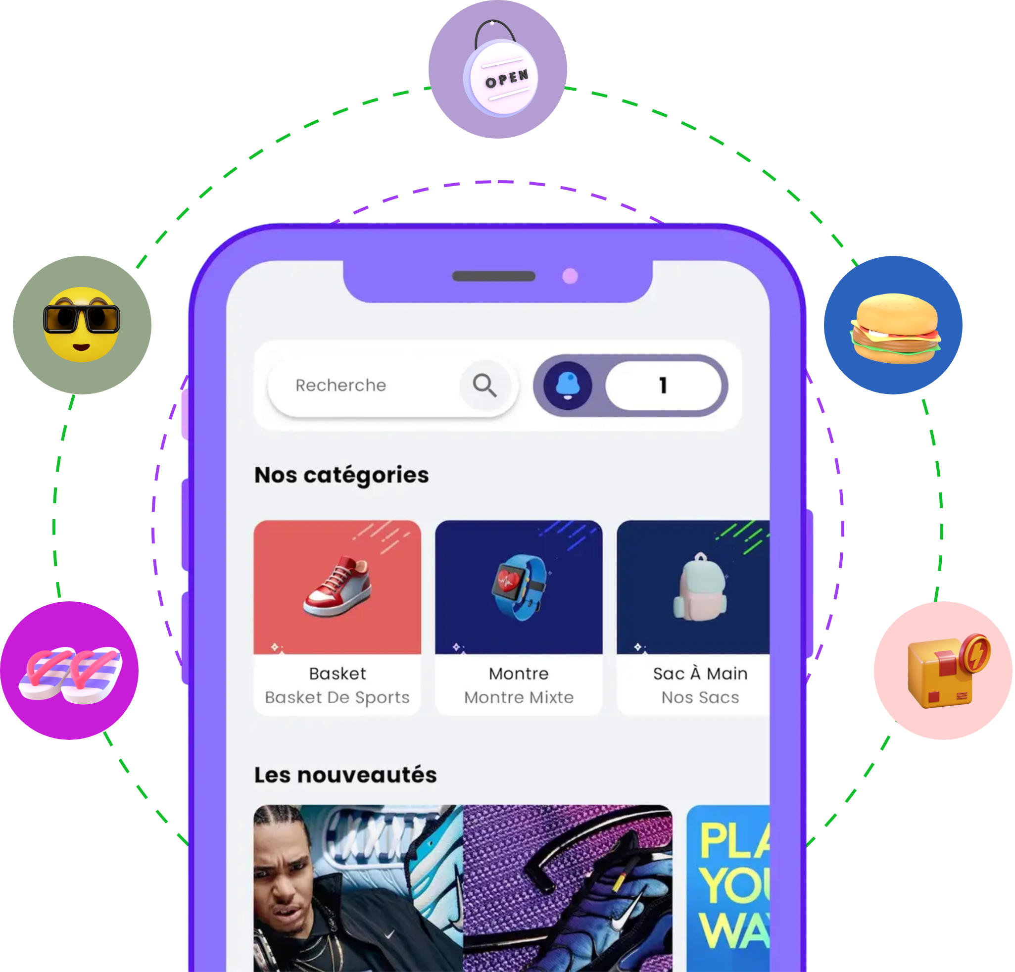 Présentation de l'application mobile C1EURO affichant des services à 1 €, des annonces locales et un catalogue de produits